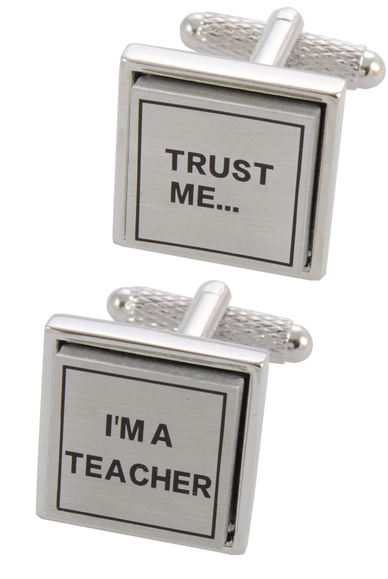 Cufflinks for Men + Presentation Box - Funny - Trust Me I'm a Teacher - Solid Brass Metal - School University Education - Silver Colour - One Pair