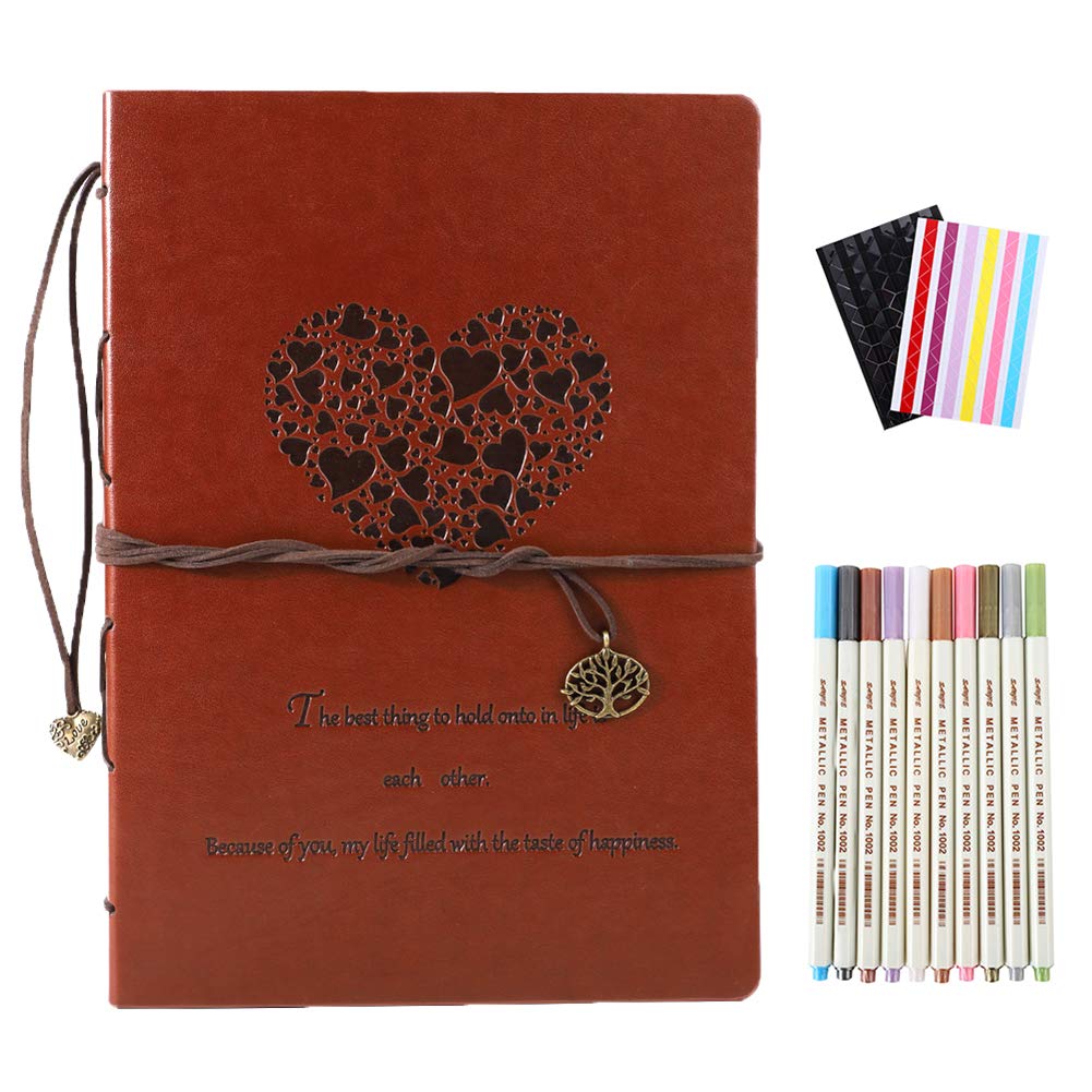 YHH Photo Album Scrapbook Black Pages, Vintage Leather Scrap Book Kit Refillable Love Memory Book Wedding Guest Book, Anniversary Valentines Gifts for Him Her Couple Wife Husband Bride Groom 28 x 21