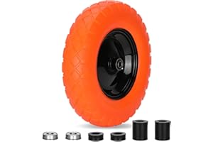 PONTUSS Upgraded 16" Flat Free Wheelbarrow Wheels and Tires, 4.80/4.00-8 Solid Tires with 5/8"&3/4" Bearings, Universal Fit for Wheelbarrows/Garden Trailer