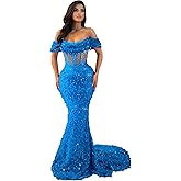Sequin Prom Dresses 2025 Long Sparkly Off Shoulder Mermaid Beaded Sexy Sheer Formal Dresses Evening Party Gowns with Train