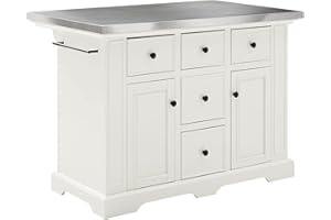 HomeStock Sophisticated Simplicity Full Size Kitchen Island with Spacious Countertop, Portable Design, Modern Kitchen Furniture, Convenient Storage Drawers White/Stainless Steel Top