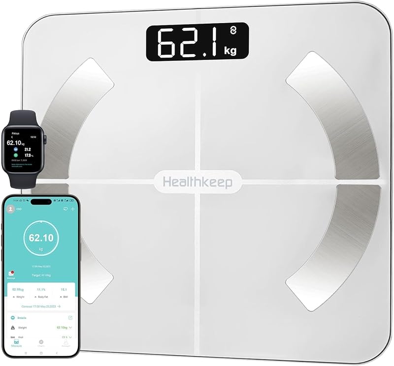 Bascula de Baño Digital, Bascula Grasa Corporal y Muscular con App, Bascula para peso corporal Inteligente, 13 Monitores de Composición Corporal Peso IMC Muscular, Máximo 180kg