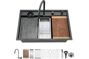 33 Black Drop In Waterfall Kitchen Sink Workstation-VASOYO 33x22 Black Stainless Steel Waterfall Kitchen Sink with Facuet and Cup Washer 16 Gauge Multifunctional Deep Single Bowl Topmount Smart Sinks
