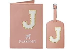 JOYRNALK Passport Holder for Travel Women Initial Passport Cover Passport Wallet Passport Case Travel Essentials Leather Passport Holder and Luggage Tags Set With Chenille Letter Patch for Travel Family Pink J