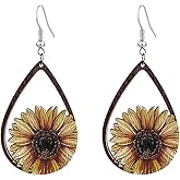Wooden Sunflower Earrings for Women Daisy Flower Drop Dangle Earrings Statement Earrings