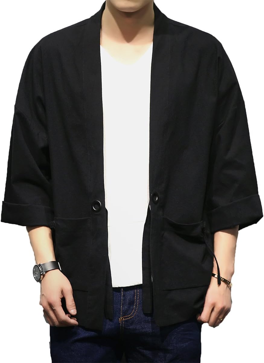 Men's Cotton Blends Linen Open Front Cardigan Embroidery Kimono Jackets