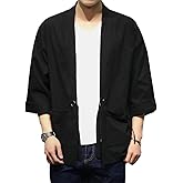 Men's Cotton Blends Linen Open Front Cardigan Embroidery Kimono Jackets