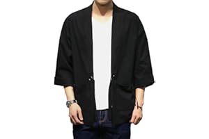 FAXIKIO Men's Cotton Blends Linen Open Front Cardigan Embroidery Kimono Jackets