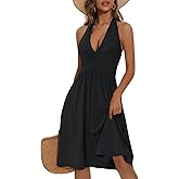 ZABERRY Women Summer Sundresses Halter Neck Deep V Tie Backless Floral Ruched Vacation Beach Dresses 2025 with Pockets