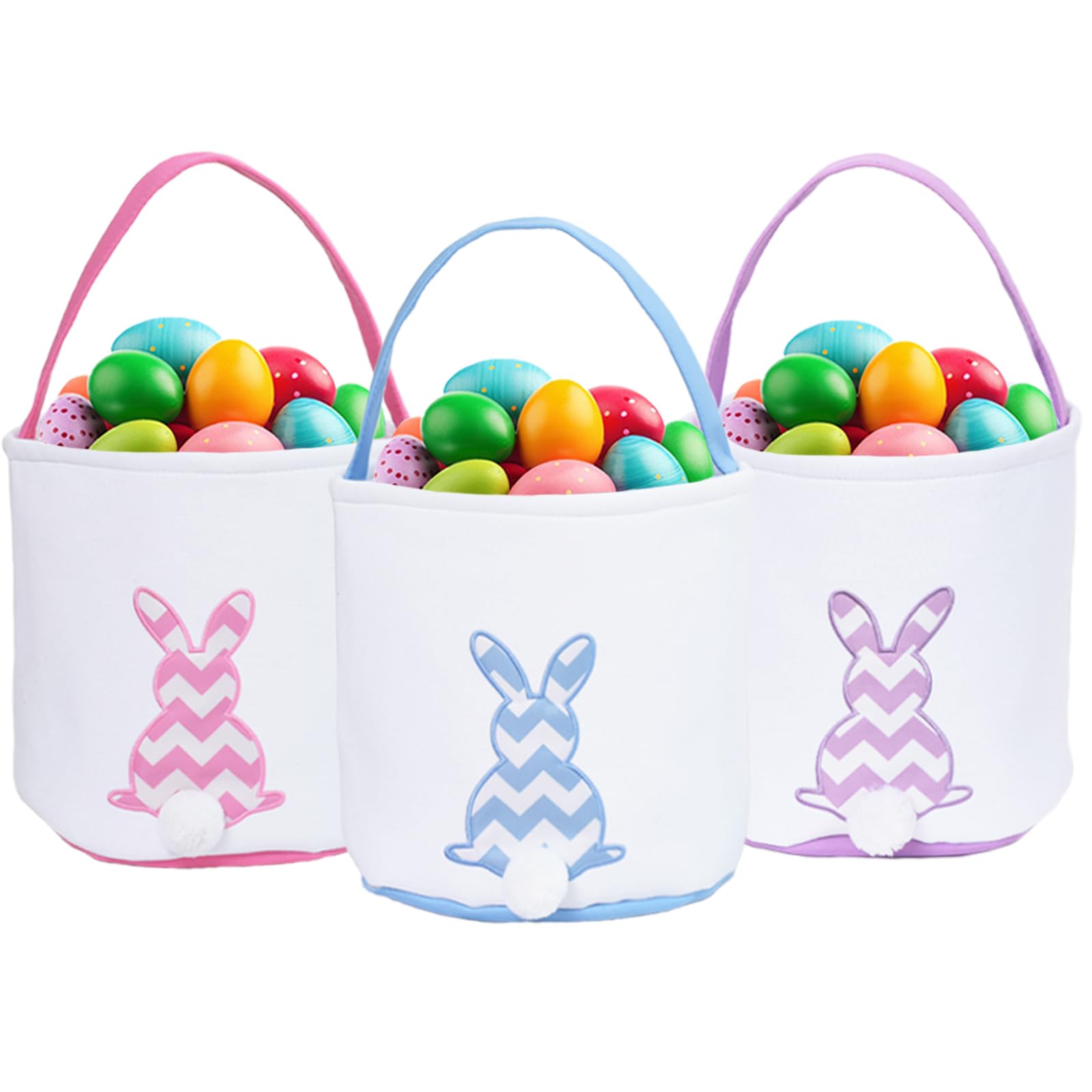 GugnRyAc 3 Pcs Easter Bunny Basket - Canvas Cotton Easter Eggs Basket with Fluffy Tails - Perfect for Girls & Boys Easter Egg Hunts - Easter Baskets for Kids (Pink, Purple, Blue)