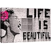 Wieco Art Banksy Life is Beautiful Modern Gallery Wrapped Grey Love Abstract Artwork Paintings Pictures Large Giclee Canvas Prints Wall Art Ready to Hang for Living Room Home Office Decor