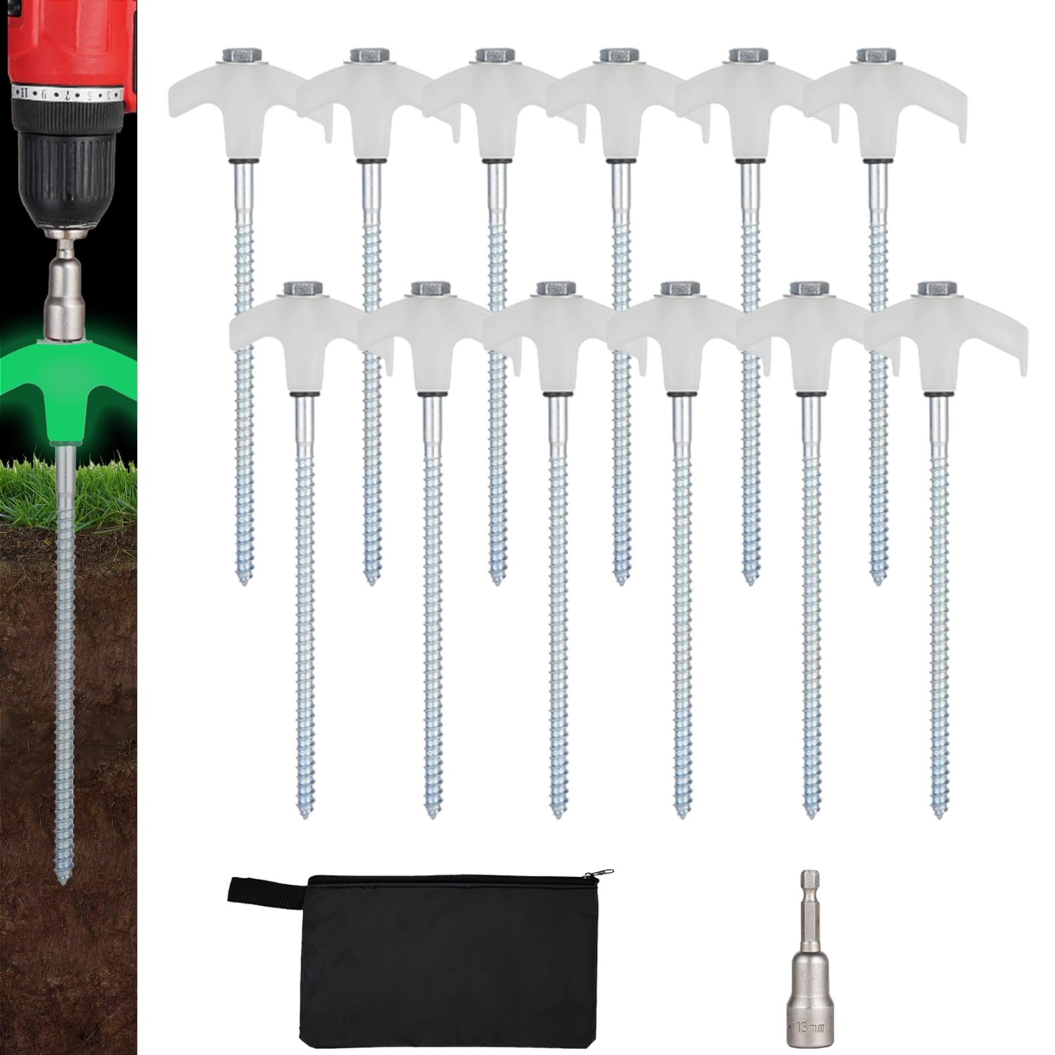 Photo 1 of 12 Pack Screw in Tent Stakes Heavy Duty,8 Inch Ground Anchors Screw in,Metal Stakes with Hex Head Driver,Camping Tent Accessories.(Luminous White)