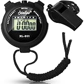 Simgoing 2pcs Digital Stopwatch Timer Plastic Whistle Bulk,Black | for Sports Coaches Referee, Waterproof Watch Timer, Whistle with Lanyard, Multi Function Electronic, Fitness Date Alarm