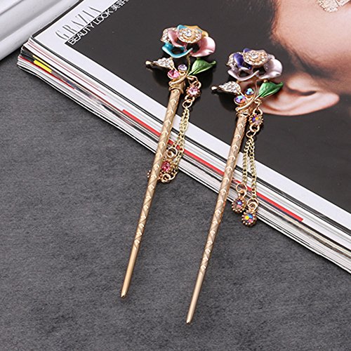 cici store Women Lady Hair Stick Handmade Rose Metal Rhinestone Hair Chopsticks Hairpin (Colorful)