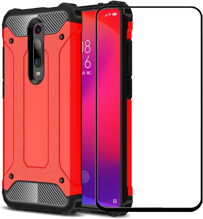 FaDream for Xiaomi Mi 9T/9T Pro/Redmi K20/K20 Pro Case, 2 in 1 Shockproof Hybrid Dual Layer Heavy Duty Protective Cover with Tempered Glass Screen Protector(Red)