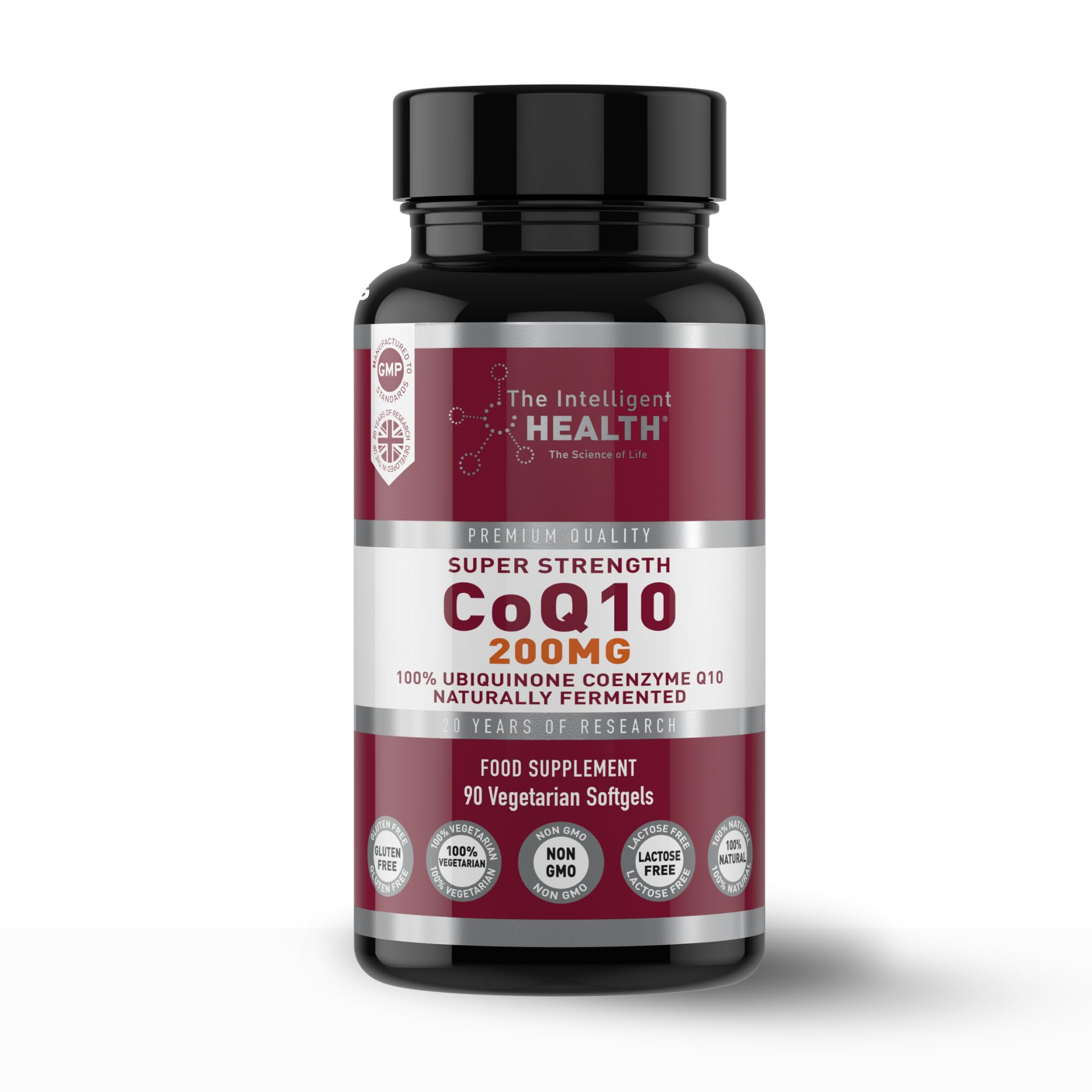 The Intelligent Health CoQ10 Supplement, Fermented Coenzyme Q10 Ubiquinone for Women & Men, Easy to Swallow 200mg 90 Vegetarian Softgels