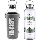 Yenergy 2 Liter Large Glass Water Bottle with Motivational Daily Water Intake Marks,Drinking Bottle,64 oz Resuable Wide Mouth Glass Bottles with Handle Sleeve, BPA Free for Gym/Office (Slivery Lid)