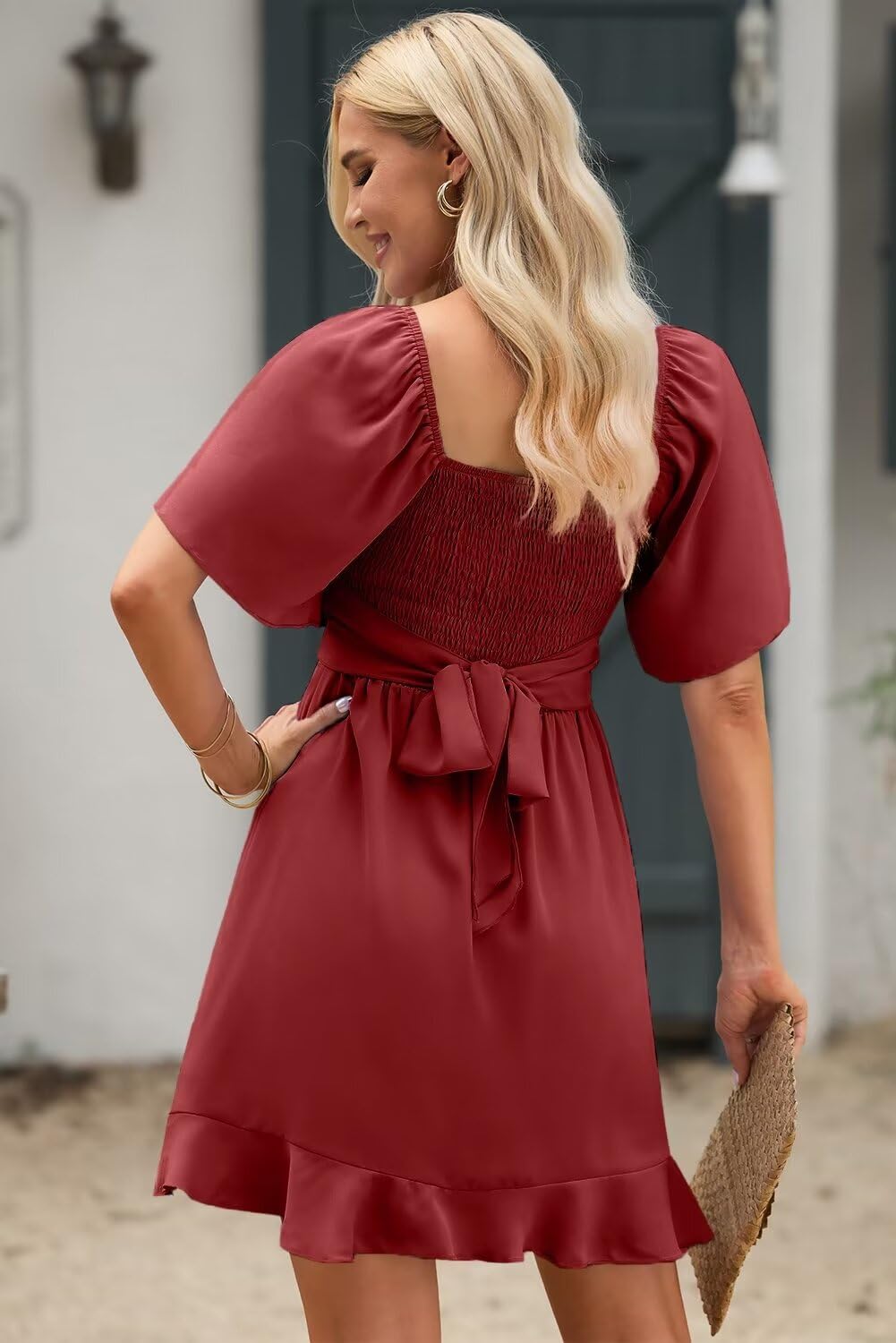 Dokotoo Womens Ruby Dresses Summer Wrap V Neck Short Sleeve Smocked Elastic Waist Tiered Belted Ruffle Hem Mini Dress Cocktail Dress XXL - Image 4