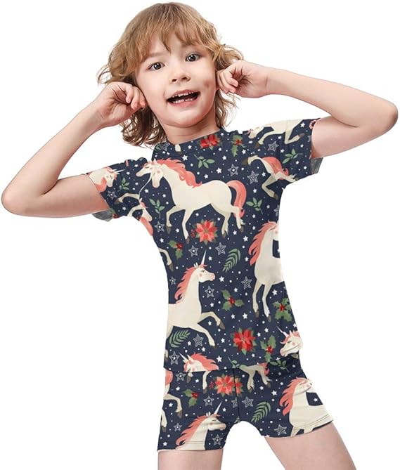 Amazon 水着 キッズ 半袖ラッシュガード 男の子 ジュニア 上下セット スイムウェア ユニコーン Tシャツ 海水パンツ 短パン ショートパンツ ウェットスーツ 競泳水着 速乾 子供用 2点セッ スクール 温泉 プール 水遊び 海パン 水着 通販