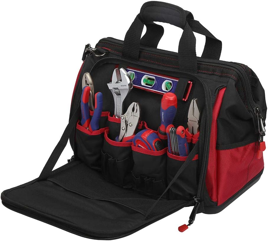 WORKPRO 16" Top Wide Mouth Tool Bag with Water Proof Rubber Base, Multi-Compartment, 46 Pockets, For Tool Organizer & Storage, W081122A - - 
