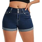 Pnadty Women's Summer High Waisted Stretch Denim Shorts Casual Folded Hem Jean Shorts