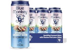 Blue Monkey Sparkling Coconut Water with Passion Fruit - 99.7% Coconut Water & Juice Blend - No Sugar Added, All Natural, She
