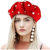 PRETYZOOM Red Beret Hat French Wool Cap with Pearl Embellishment Stylish French Beret Hat for Women(for 56-58cm)