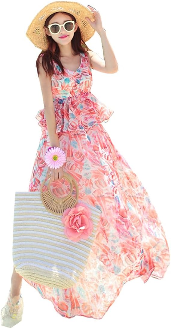 Amazon ドリーム ショップ ロングドレス マキシワンピース リゾートワンピース 夏海 パーティー 二次会 シフォン ドレス ガールズ 夏 海外旅行 ビーチ ドレス バカンス カラフル 花柄 ドレス 4色選択可 M オレンジ 花柄 パーティードレス 通販
