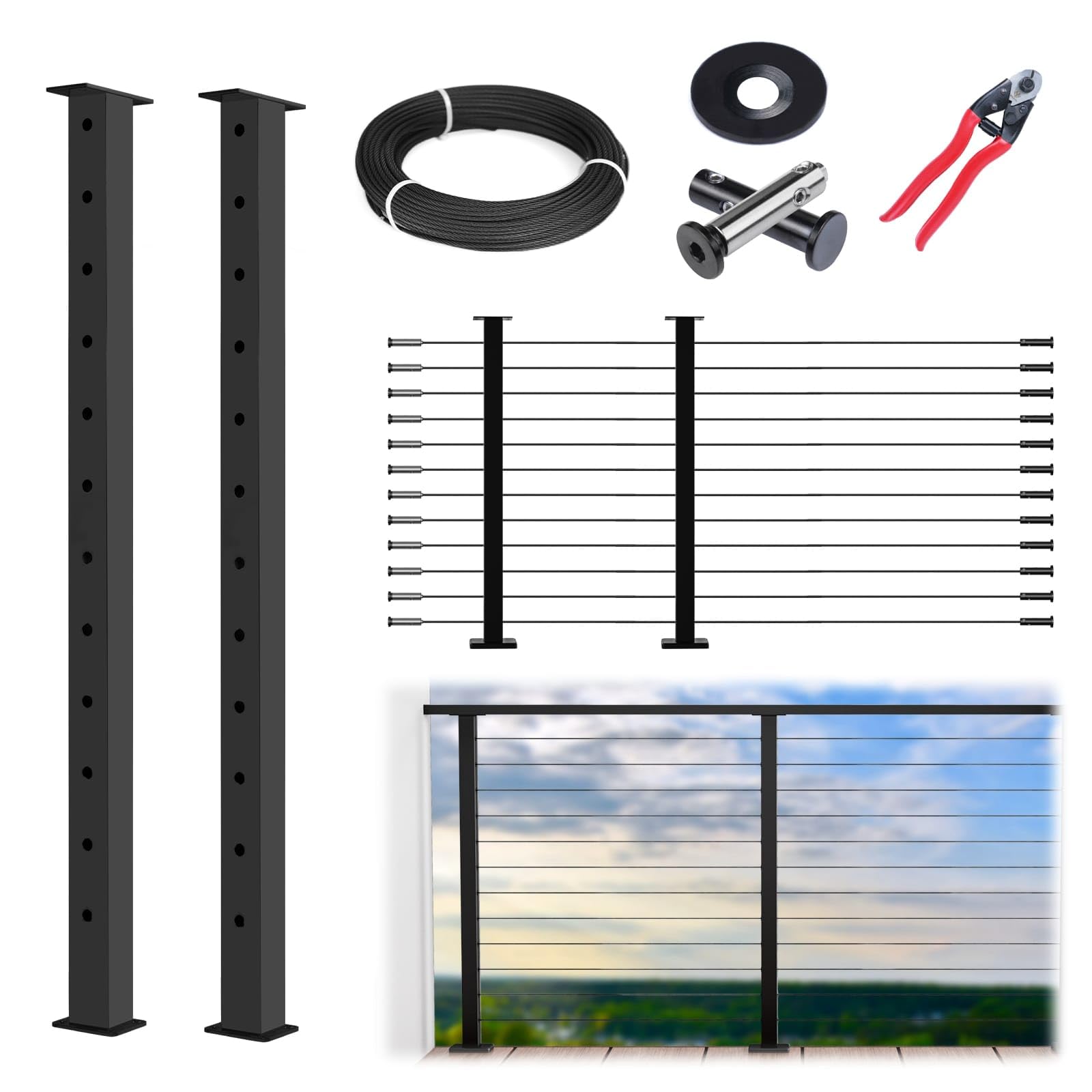 Photo 1 of Muzata 5-10FT Modular Black Cable Railing Kit 42 Inch 2 Level Post Kit Complete Set Cable Railing System for Decks Length Adjustable Easy DIY with Paper User Guide (No Handrail) RWS2 BH4L