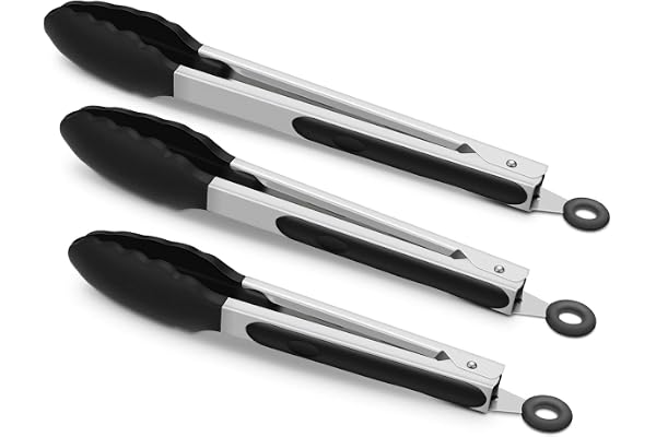 3 Pack Black Kitchen Tongs, Premium Silicone BPA Free Non-Stick Stainless Steel BBQ Cooking Grilling Locking Food Tongs, 9-In