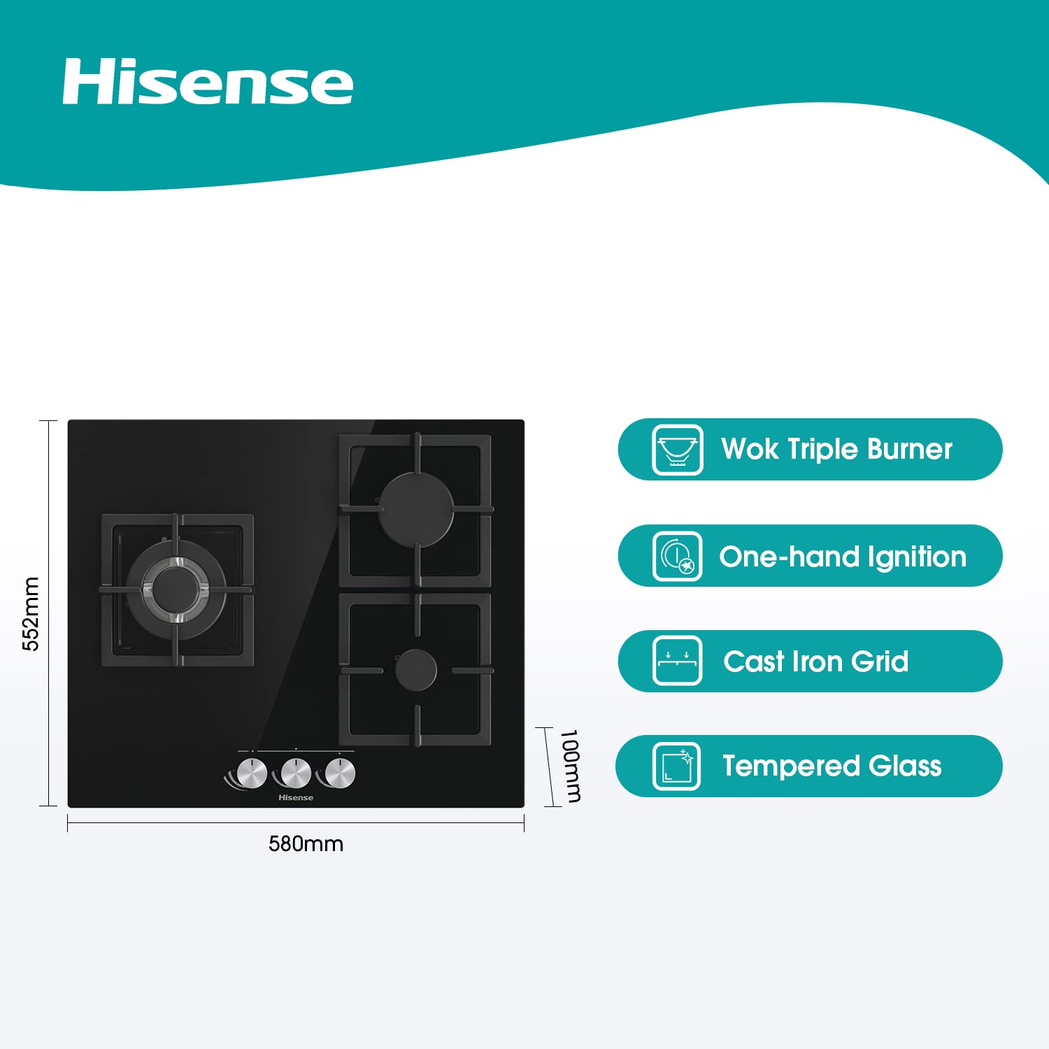 Hisense GG633B – Erdgas-Kochplatte, 3 Zonen, 60 cm, Grill aus Gusseisen und schwarzem Hartglas, automatische Zündung, in den Bedienelementen integriert, Sicherheit Gasstop, einfache Reinigung 2