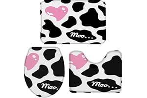 Queenker 3 Pieces Bath Rug Set Toilet Seat Cover Pink Heart-Shaped Cow Pattern Print Contour Rug, Pedestal Mat and Toilet Lid Cover，Non-Slip Bathroom Floor Mat 18''x30''+14''x18''+15''x18''
