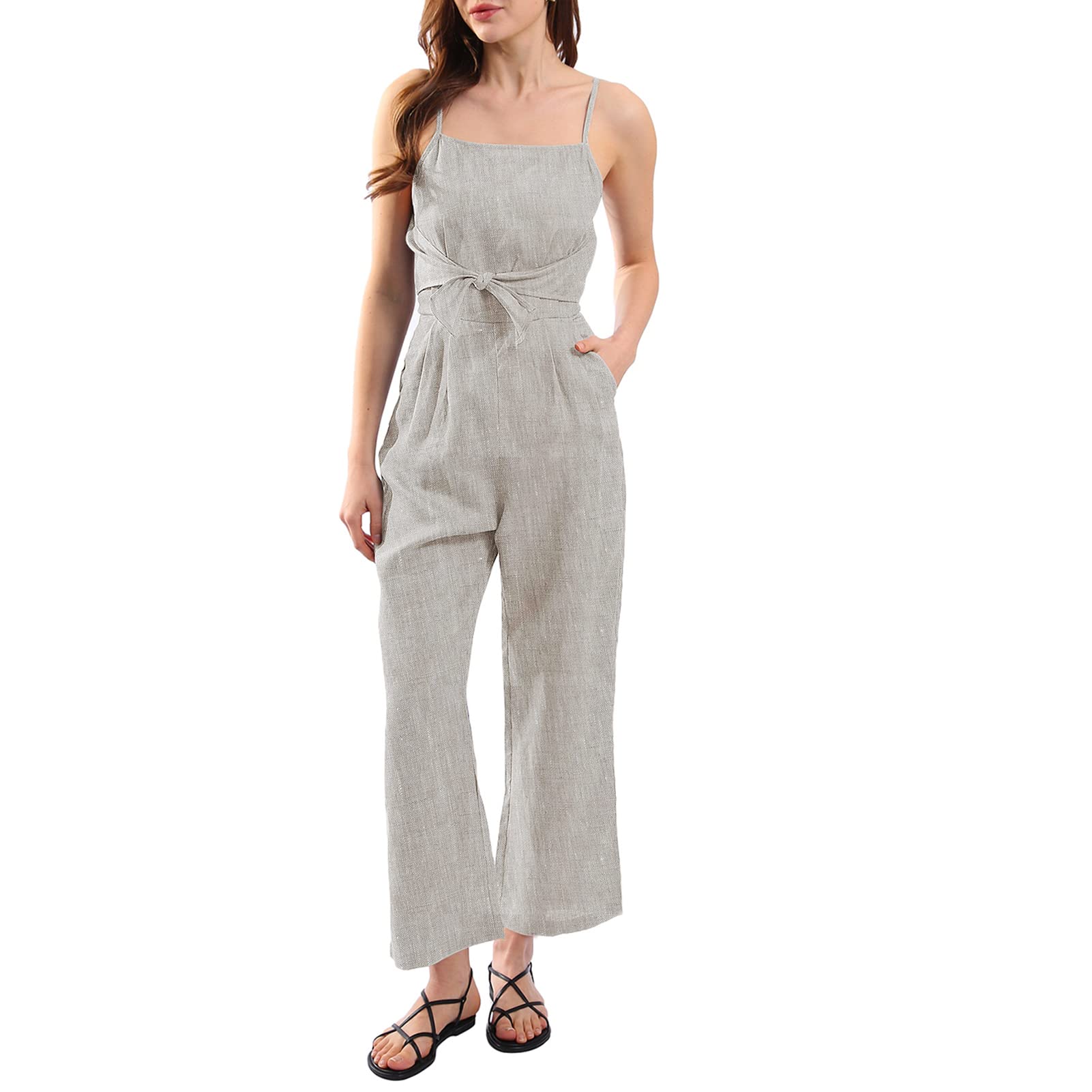 Photo 1 of Amazhiyu Womens Pure Linen Casual Summer Sleeveless Front Tie Jumpsuits with Pockets Flax, Small