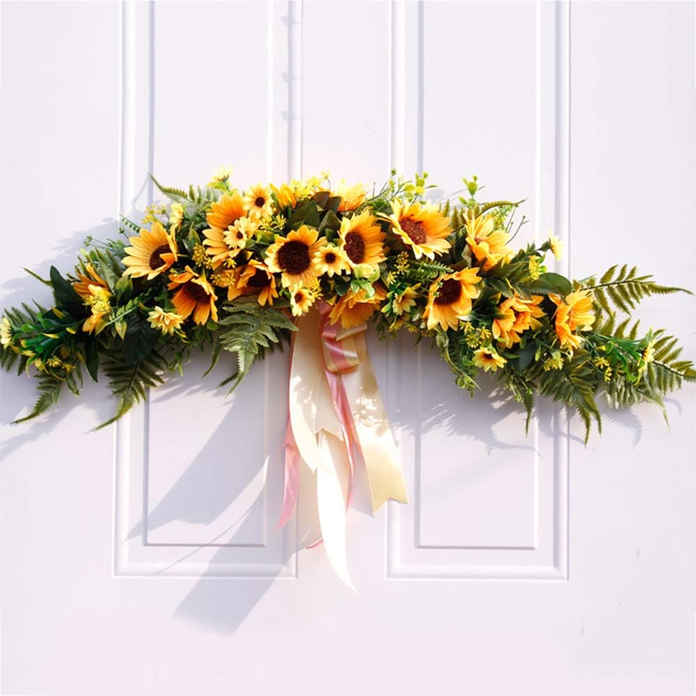 xiaoHannaw Floral Swag,29.5 Inch Artificial Sunflower Swag with Silk Ribbon and Green Leaves,Decorative Swag Garland for Home Front Door Wedding Arch Decoration
