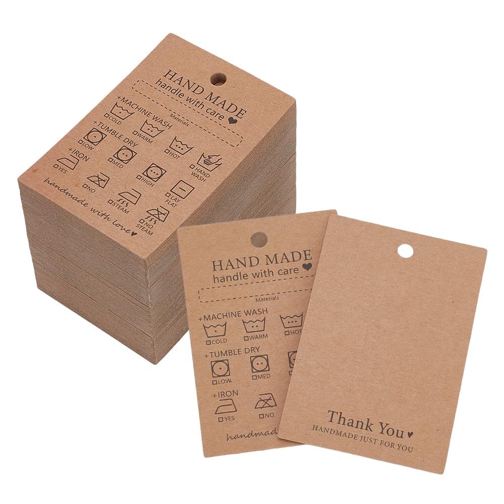 FINGERINSPIRE 120Pcs Handmade Fabric Washing Instructions Hang Tag 7.5x5cm Sandy Brown Kraft Paper Washing Price Tags Material Care Card Minimalist Symbols Washing Label for Shirt Beanies Quilts
