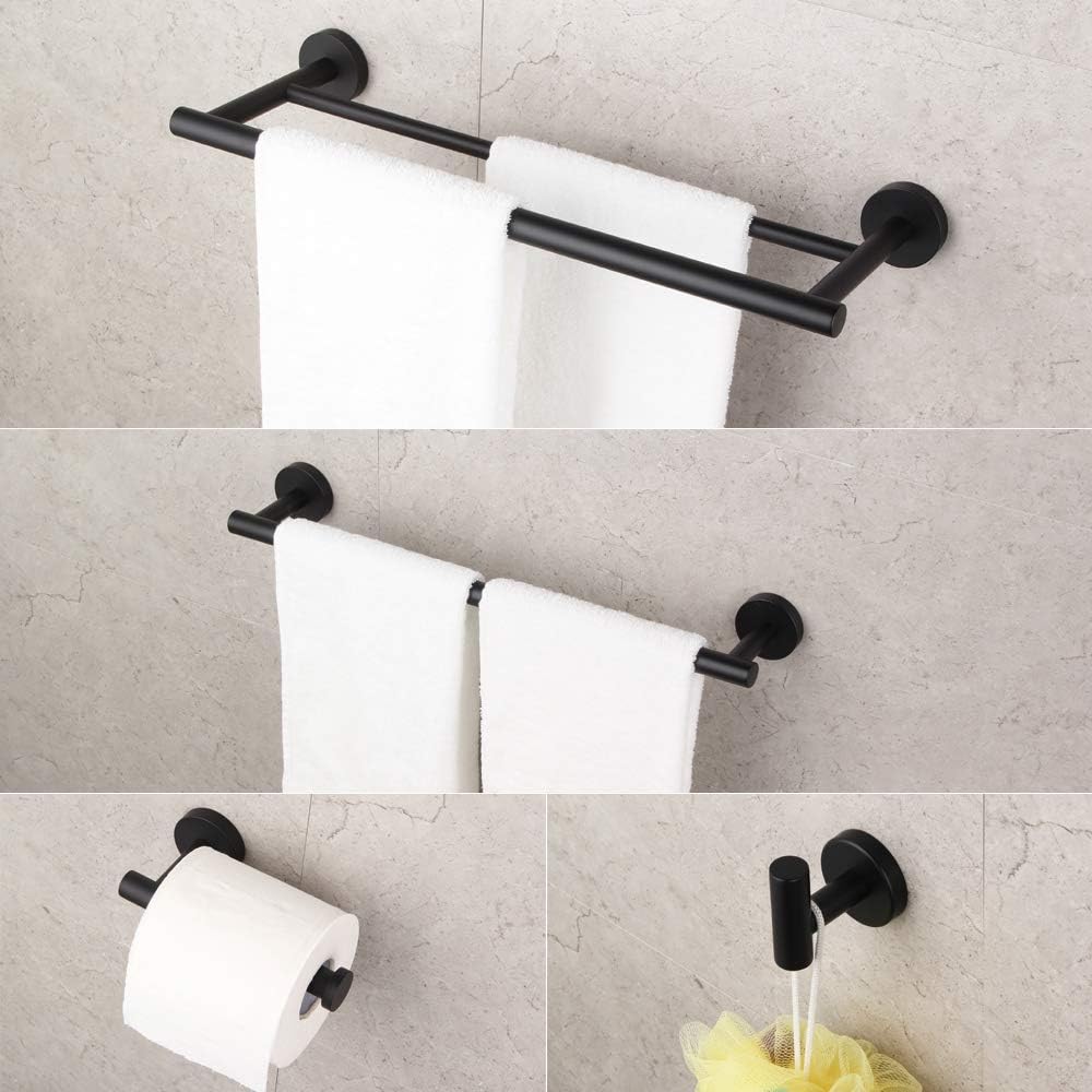 SUS 304 Stainless Steel Bathroom Hardware Set Matte Black 4 Pieces Bathroom Hardware Accessories Sets Wall Mounted Double Towel Bar Towel Holder Hook Toilet Paper Holder - - 