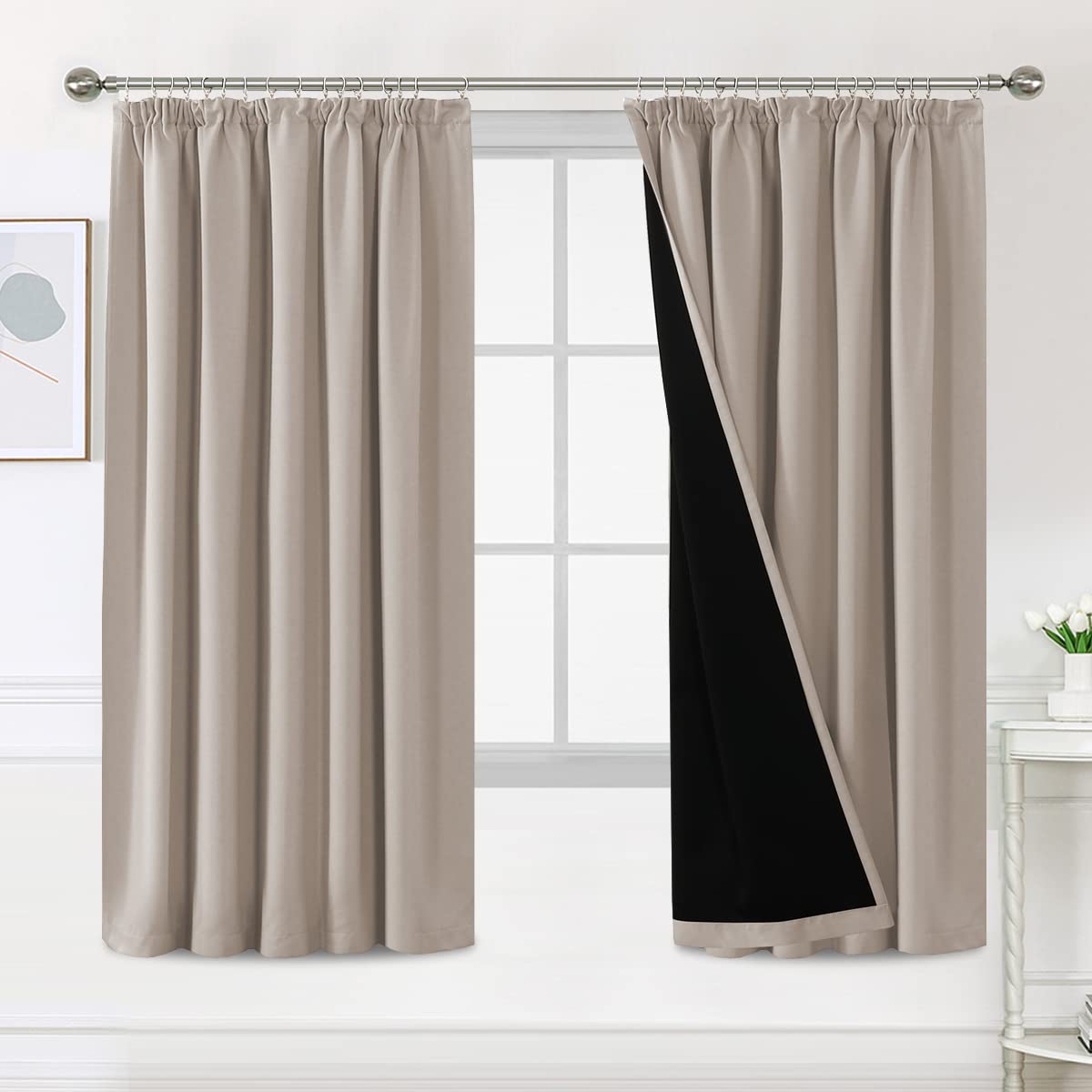 BellaHills 100% Blackout Curtains for Bedroom Thermal Insulated Curtains & Drapes Blackout Curtains Pencil Pleat Curtains for Living Room with Black Liner 2 Panels, 66 x 72 Inch, Natural Sand