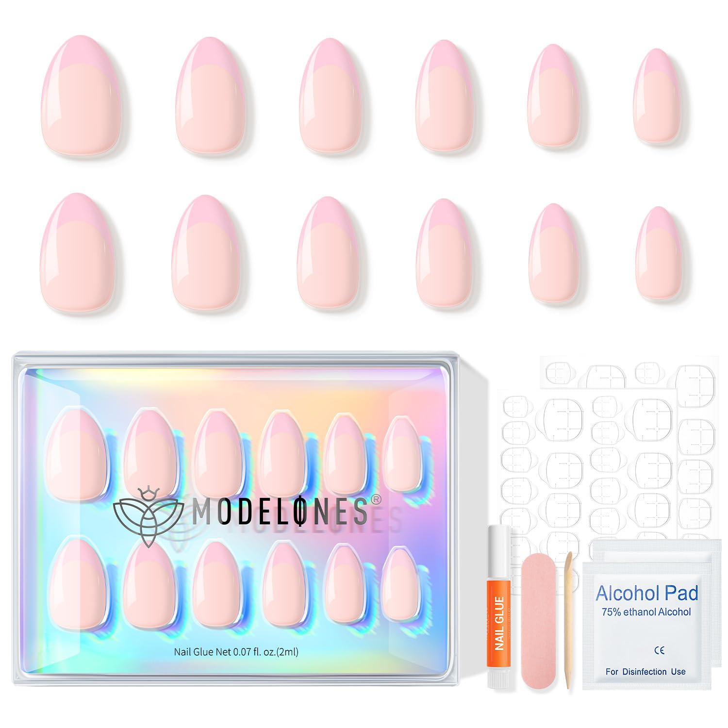 Modelones Pink French Tip Press on Nails Almond, Short Almond Fake Nails, Spring Easter Nail Kit with Nail Glue Adhesive Tabs Mini Nail File, Nails Press Ons 32Pcs16 Sizes, Women Girl Gift - Image 4