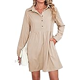 Opemiby Womens Corduroy Dresses Button Up Collared Long Sleeve Fall Winter Casual Mini Babydoll Dress with Pockets