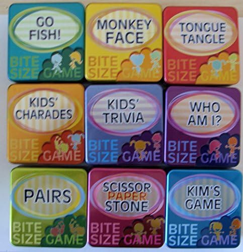 NINE BITE SIZE GAMES FOR KIDS- 9 PACKS OF FUN! GREAT GIFT! INCLUDES- TONGUE TANGLE/GO FISH/MONKEY FACE/WHO AM I?/KIDS TRIVIA/KIDS CHARADES/PAIRS/SCISSOR, PAPER,STONE &amp; KIMS GAME.