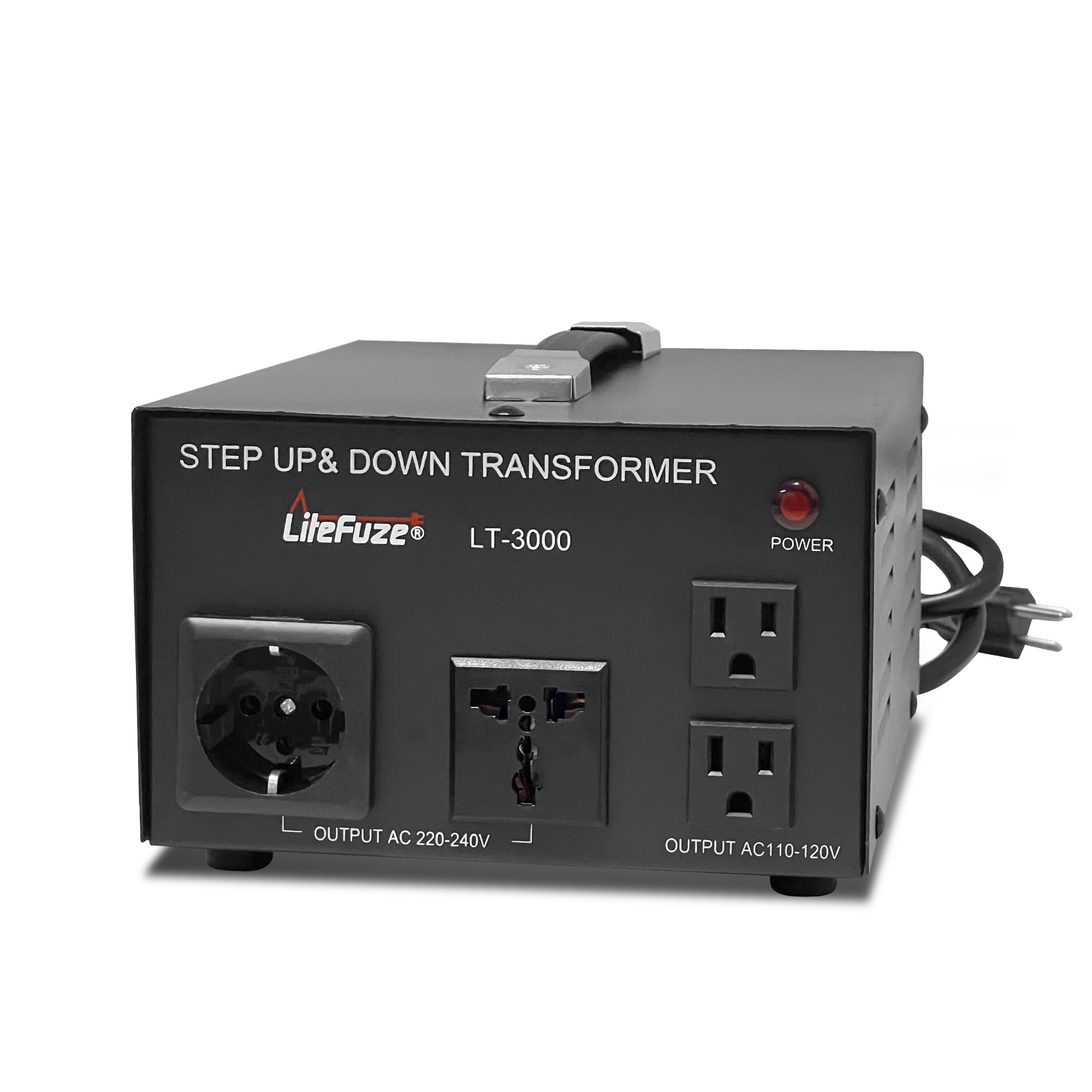 LiteFuze LT Series Transformador convertidor de voltaje de 3000 vatios reductor/reductor - Convertidor de potencia de 110 V a 220 V / 220 V a 110 V - Cable totalmente conectado a tierra - Enchufe universal, certificado CE