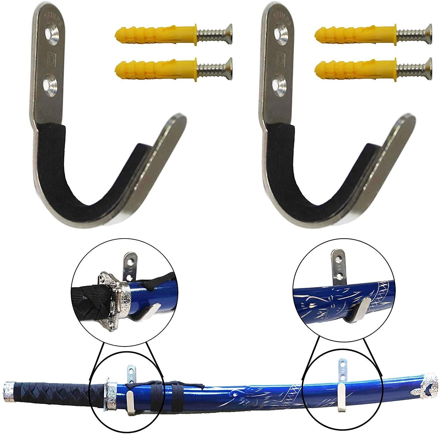 Photo 1 of Pmsanzay Sword Display Rack Wall Mount Holder Stand Bracket Hanger - Metal Hook With Felt Strips - 2/PK - No Scratches