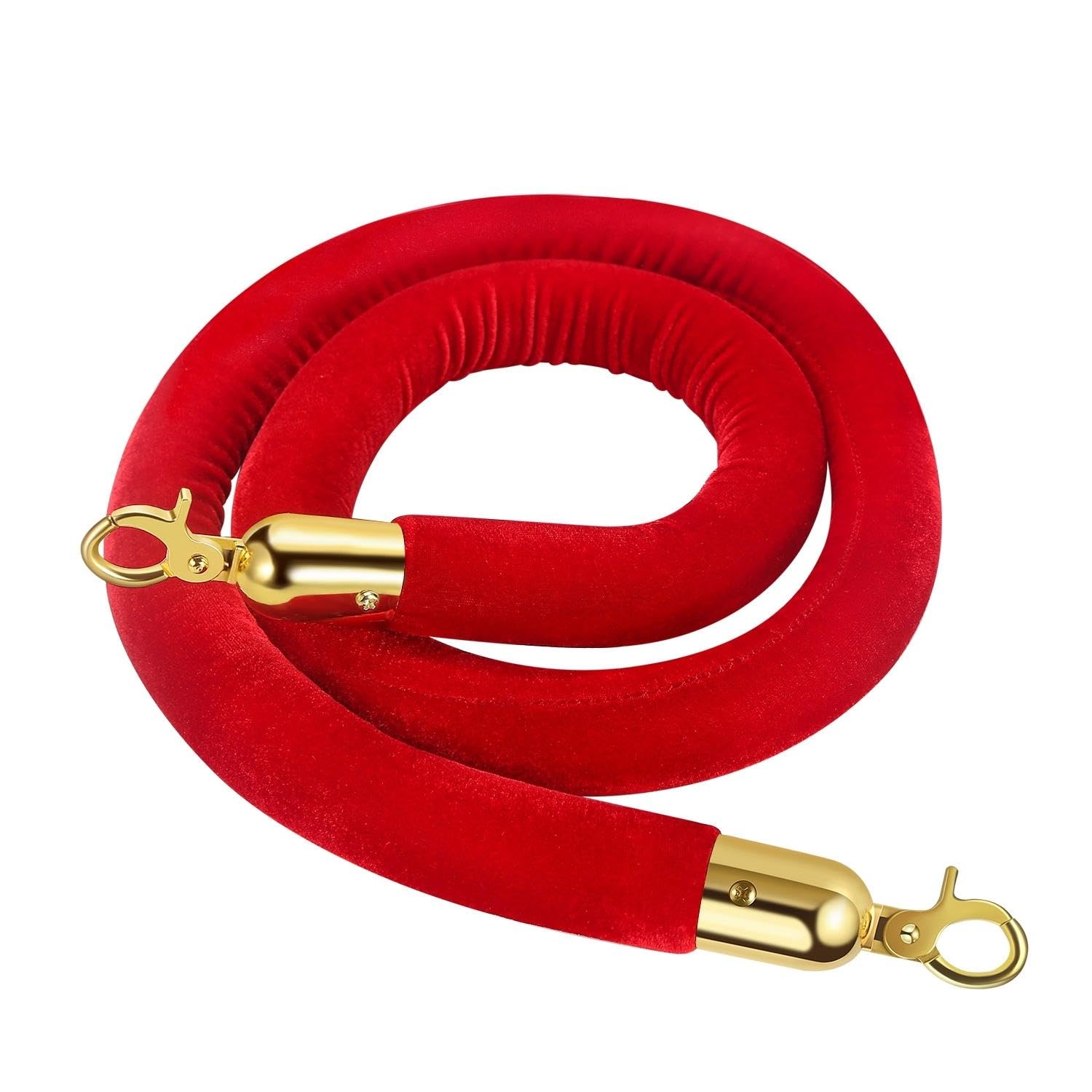 Flexzion Velvet Stanchion Rope (5FT, 1 Pack) 1.5" Thick Red Cord for Ball Crown Top Style Barriers Post, Crowd Queue Line Safe Control, Round Velour with Gold Plated Polished Brass Snap Hook