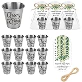 MyGiftHub Stainless Steel Shot Glasses 12-Pack for 50th Birthday Party Favors, 2oz Mini Cups with Organza Bags, Round Cards & Twine - Cheers to 50 Years Gifts for Guests