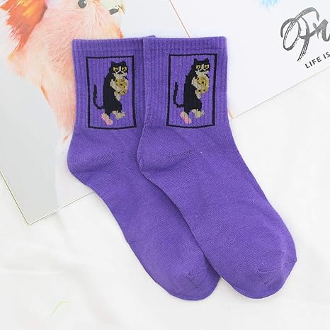 Amazon Co Jp ファッション漫画動物綿の靴下かわいい犬恐竜猫キャラクタープリント女性女性ファッショナブルな原宿ショートソックス猫歩く猫purple One Si Ze ホーム キッチン