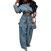 KANSOON Women Denim Set Jean 2 Piece Outfit Cargo Zip Long Sleeve Crop Jacket Wide Leg Pant Drawstring Loose Fit