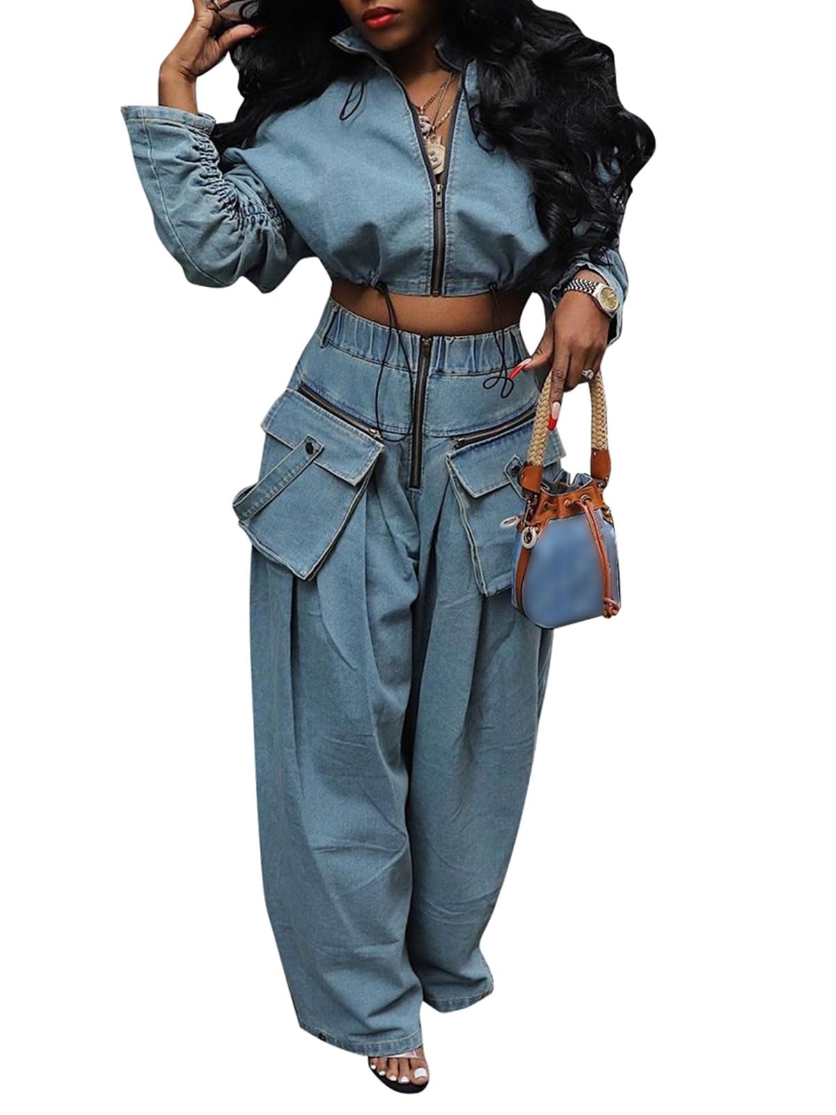 Photo 1 of KANSOON Denim Outfits for Women 2 Piece Sets Jean Loose Casual Drawstring Zipper Crop Pullover Wide Leg Pant Sweat Suits Blue XXL