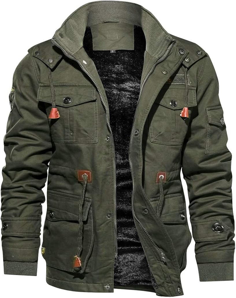 CARWORNIC Men's Winter Warm Military Jacket Thicken Windbreaker Cotton Cargo Parka Coat with Removable Hood: Clothing