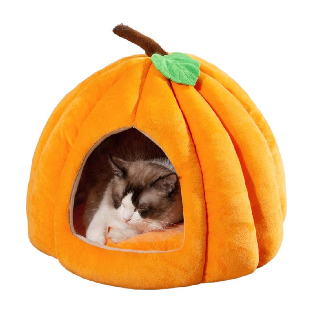 Photo 1 of Cat Beds for Indoor Cats, Pumpkin Cat House,Cute Pumpkin Shape Cat Cave Bed Cat Tent with Removable Cushion, Warm Cave Nest Sleeping Bed Puppy House for Cats Small Dogs (Orange, 22 in)