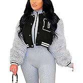 KANSOON Varsity Jacket Women Faux Fur Sleeve Cropped Baseball Jacket Button Up Casual Patchwork Letterman Coat